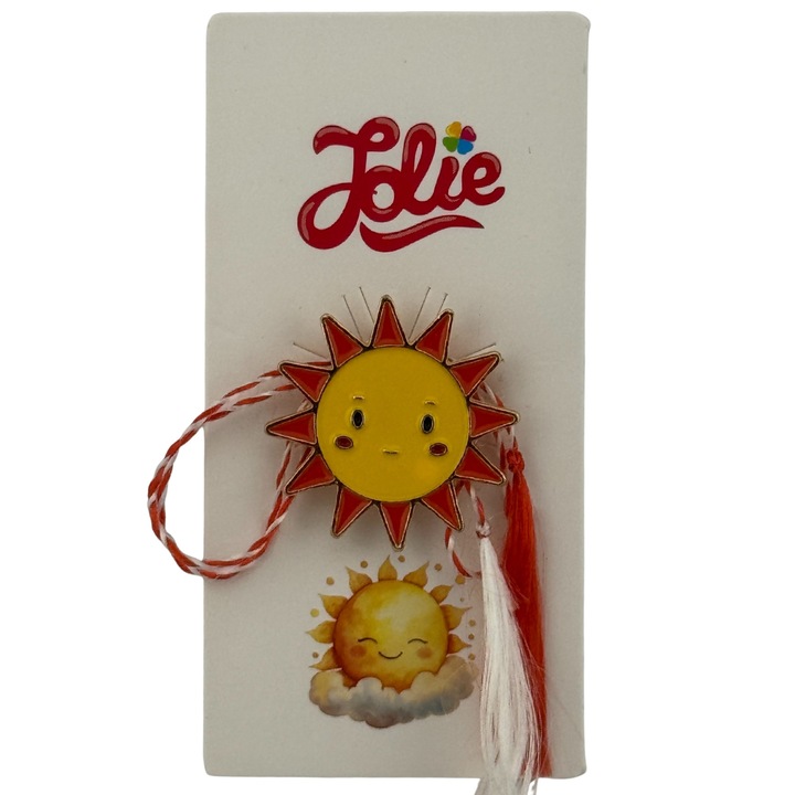 Martisor pentru copii, Jolie, Material Metal, Ambalaj Carton cu Design, Dimensiune Brosa Aproximativ 2x2 cm, Multicolor, Model Soare