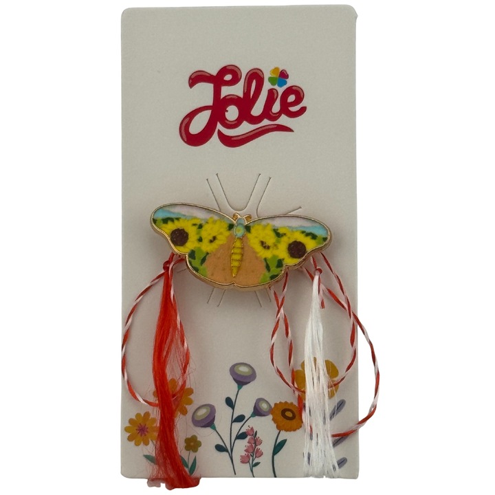 Martisor pentru copii, Jolie, Material Metal, Ambalaj Carton cu Design, Dimensiune Brosa Aproximativ 2x2 cm, Multicolor, Model Fluturas
