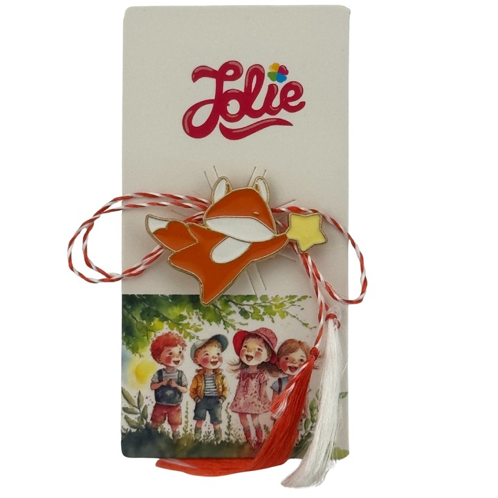 Martisor pentru copii, Leski, Material Metal, Ambalaj Carton cu Design, Dimensiune Brosa Aproximativ 2x2 cm, Multicolor, Model Vulpe