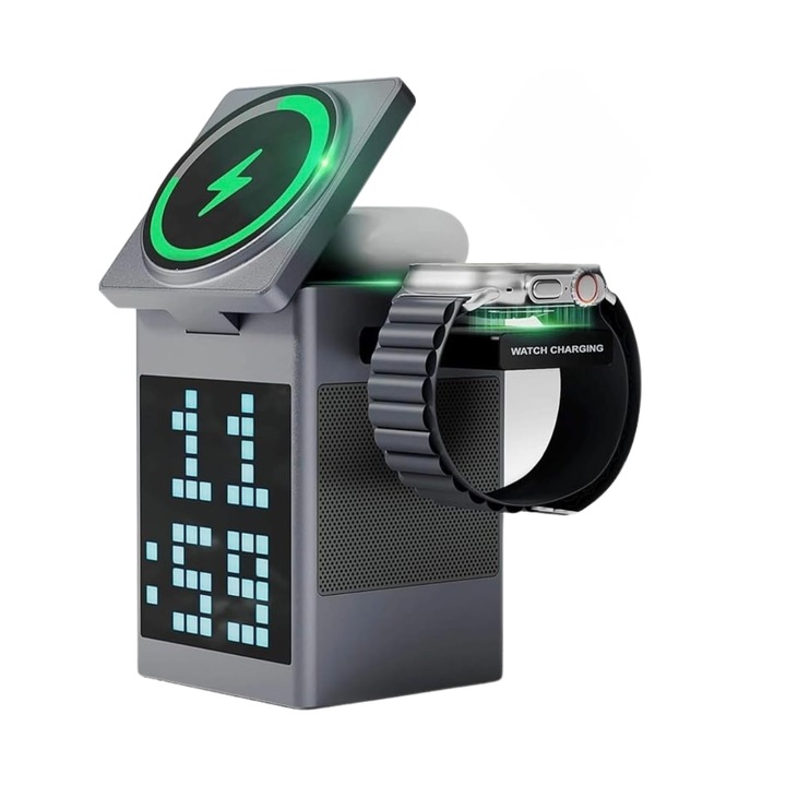 Incarcator Wireless fast charger Statie de incarcare Bluvista®, boxa bluetooth, 1000mAh, suport de incarcare Apple Watch, Telefon, Casti, Smart Watch, Casti, Ceas Digital, Fast Charge 15W, Gri