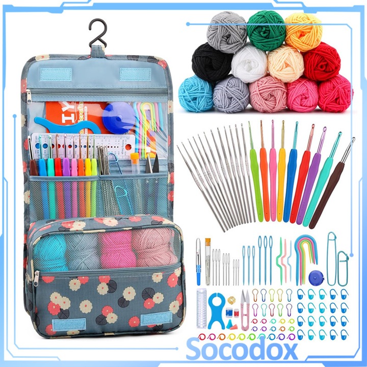 Set de crosetat, Socodox, 130 de piese, cu fire de crosetat, crosete, instrumente de crosetat, Design ergonomic, Cu geanta depozitare, Usor de transportat, Pentru calatorii, crosetat incepatori si avansati, Multicolor