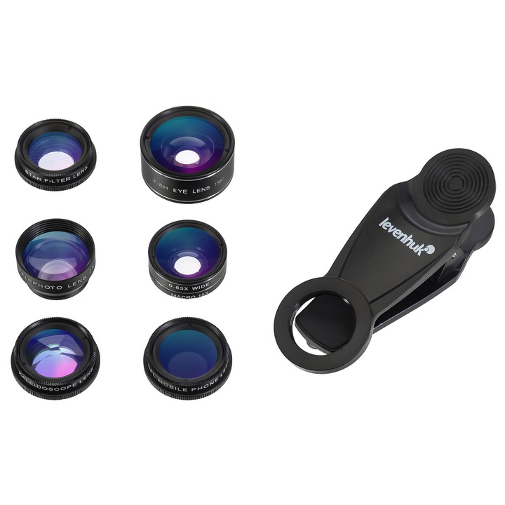 Set de accesorii pentru fotografie smartphone Levenhuk S7, 7 obiective și filtre, inclusiv fisheye 198, macro 15x, multicolor