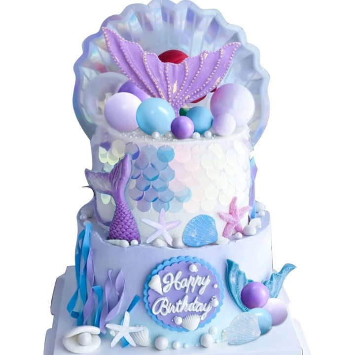 Decorare tort sirena, JeVenis, set 2 cozi sirena (mov), 2 scoici, 2 stea de mare, 15 bile (multicolor)