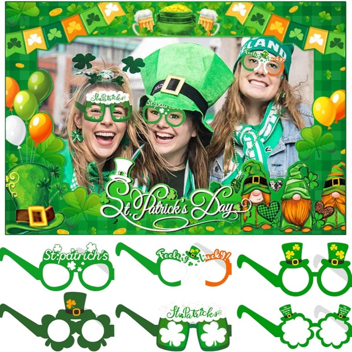 Комплект фото аксесоари за парти за Свети Патрик, JeVenis, рамка и 6 очила, зелен