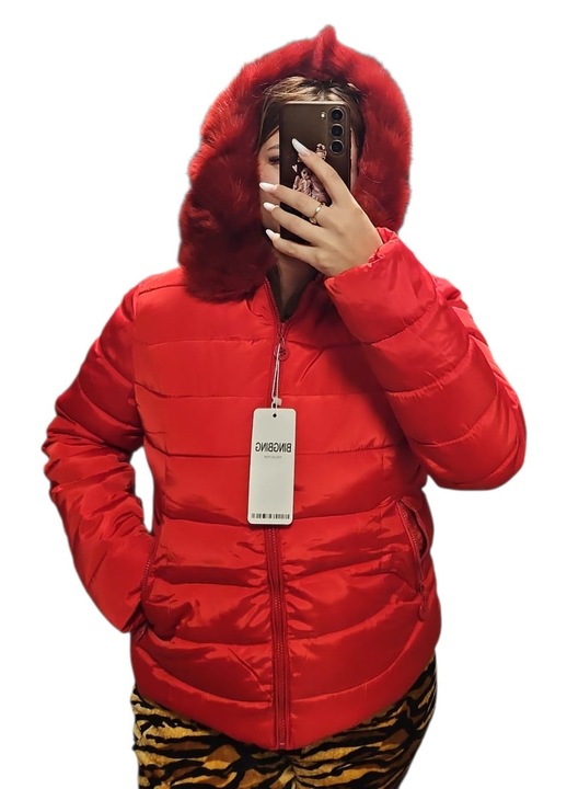 Női piros, hétköznapi steppelt kabát, S INTL