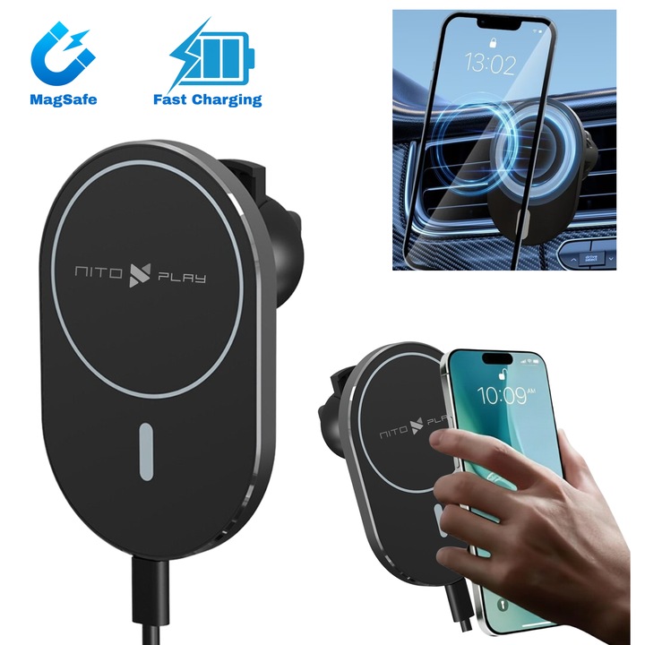 Безжично зарядно за кола NITOPLAY X16, бързо зареждане 15W, силно магнитно закрепване, стойка за телефон за кола за iPhone / Apple, множество позиции, минималистичен дизайн, USB-C, защитни функции