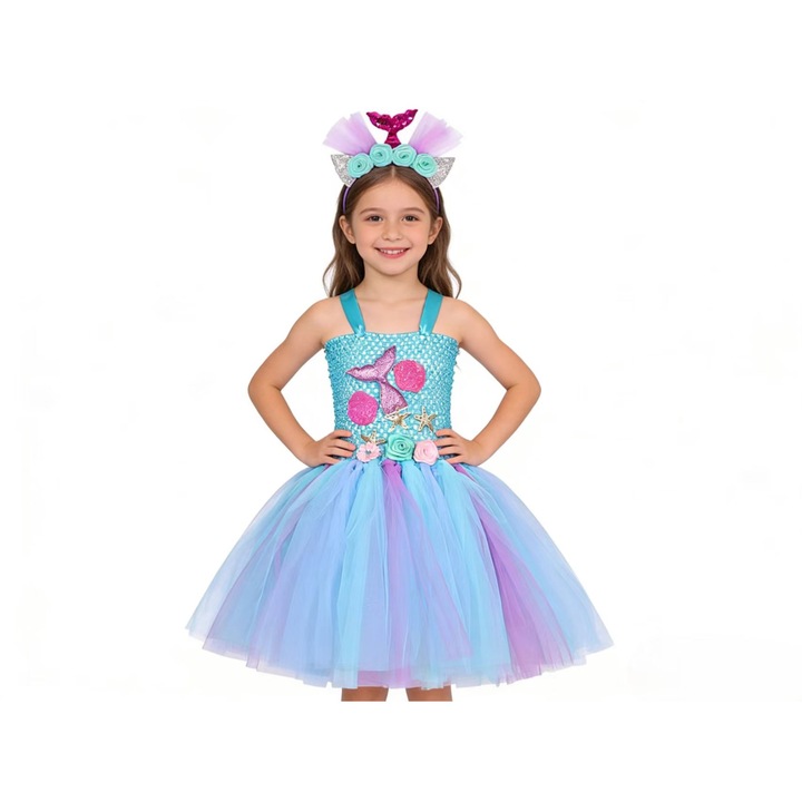 Costum carnaval Cosplay Disney Printesa Ariel ANUTETOUNI pentru fetite 2-3 ani (100 cm), Albastru, Poliester/Tul, cu accesorii - de Craciun, Halloween, Ziua Copilului