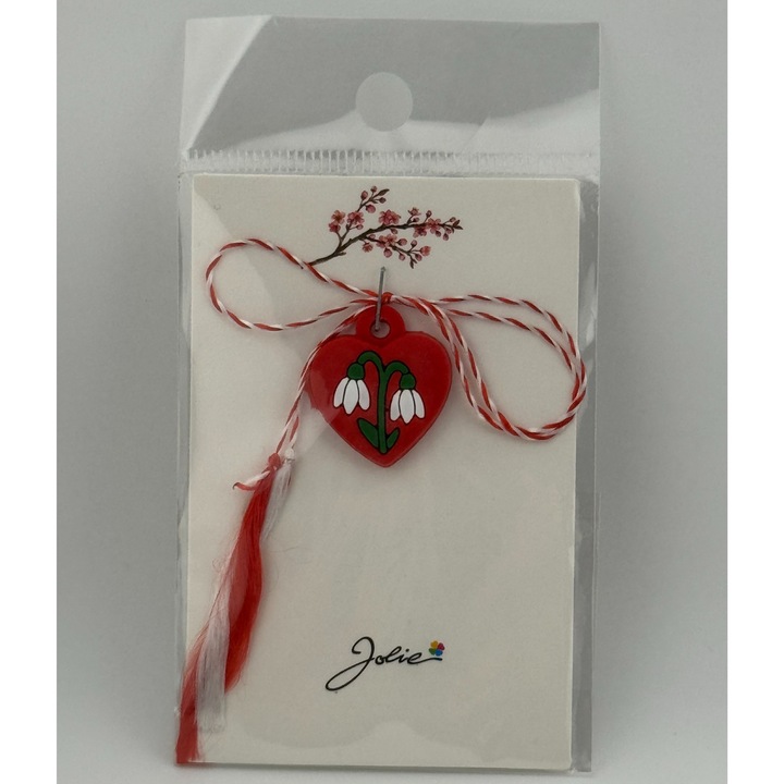 Martisor pentru Copii, Jolie, Material Cauciuc, Ambalaj Carton cu Design, Multicolor, Model Inima si Ghiocel
