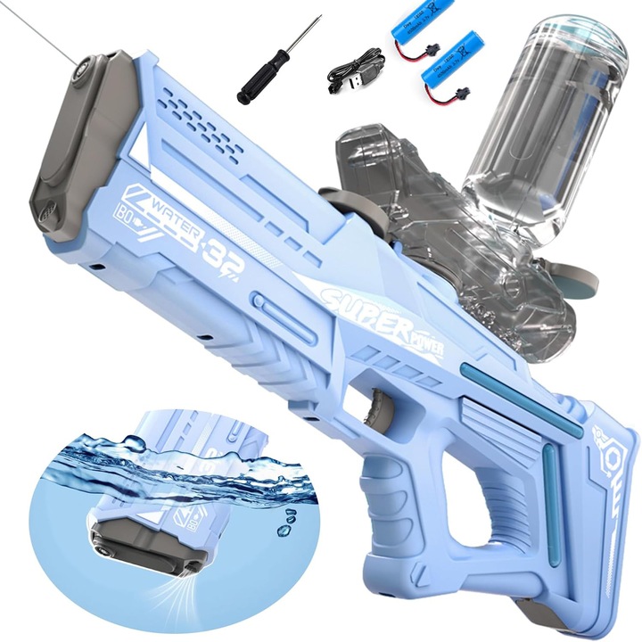 Pistol cu apa electric, Juksun, capacitate 900ml, 170 tiruri/min, 26ft raza, 2 baterii de 800mAh, pentru distractie la piscina si plaja