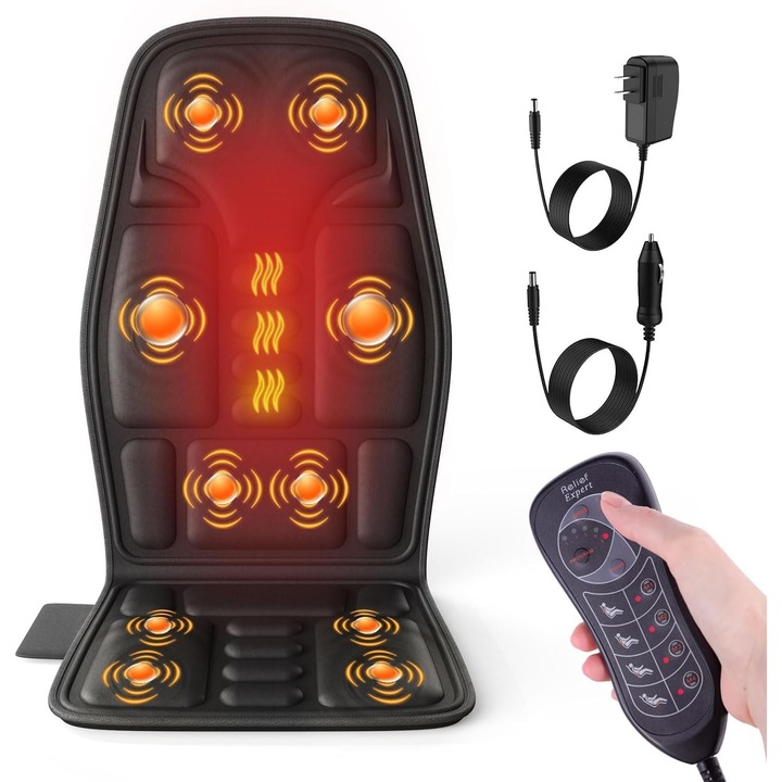 Perna de masaj pentru scaun cu caldura, 10 motoare de vibratii, perna de masaj cu vibratii pentru spate si gat, perna de scaun pentru relaxare, aparat de masaj pentru spate, acasa si birou