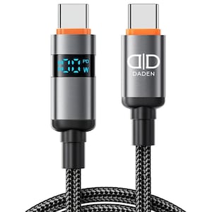 Cablu USB-C la USB-C 100W cu Afisaj Digital, DaDen, Incarcare Rapida 5A, Fast Charge, Material Textil Ultra Rezistent, Compatibil Samsung Galaxy S25 / S25+ / S25 Ultra / S26 / S26+ / S26 Ultra, 1 metru, Negru/Gri