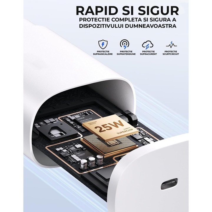 Incarcator retea 25W DaDen, Cablu Type-C inclus, Material Textil, Incarcare rapida, Super Quick Charge, Power Delivery, USB-C, Alb