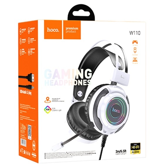 Casti Gaming Hoco W110, Jack 3.5 mm si USB, Sunet Stereo, Microfon incorporat, Alb