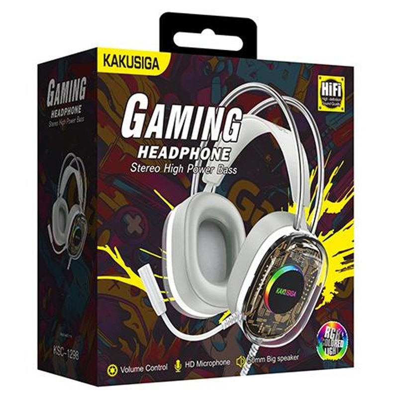 Casti gaming cu fir Kaku KSC-1298, Microfon incorporat, Sunet stereo, Design ergonomic, Led, Alb