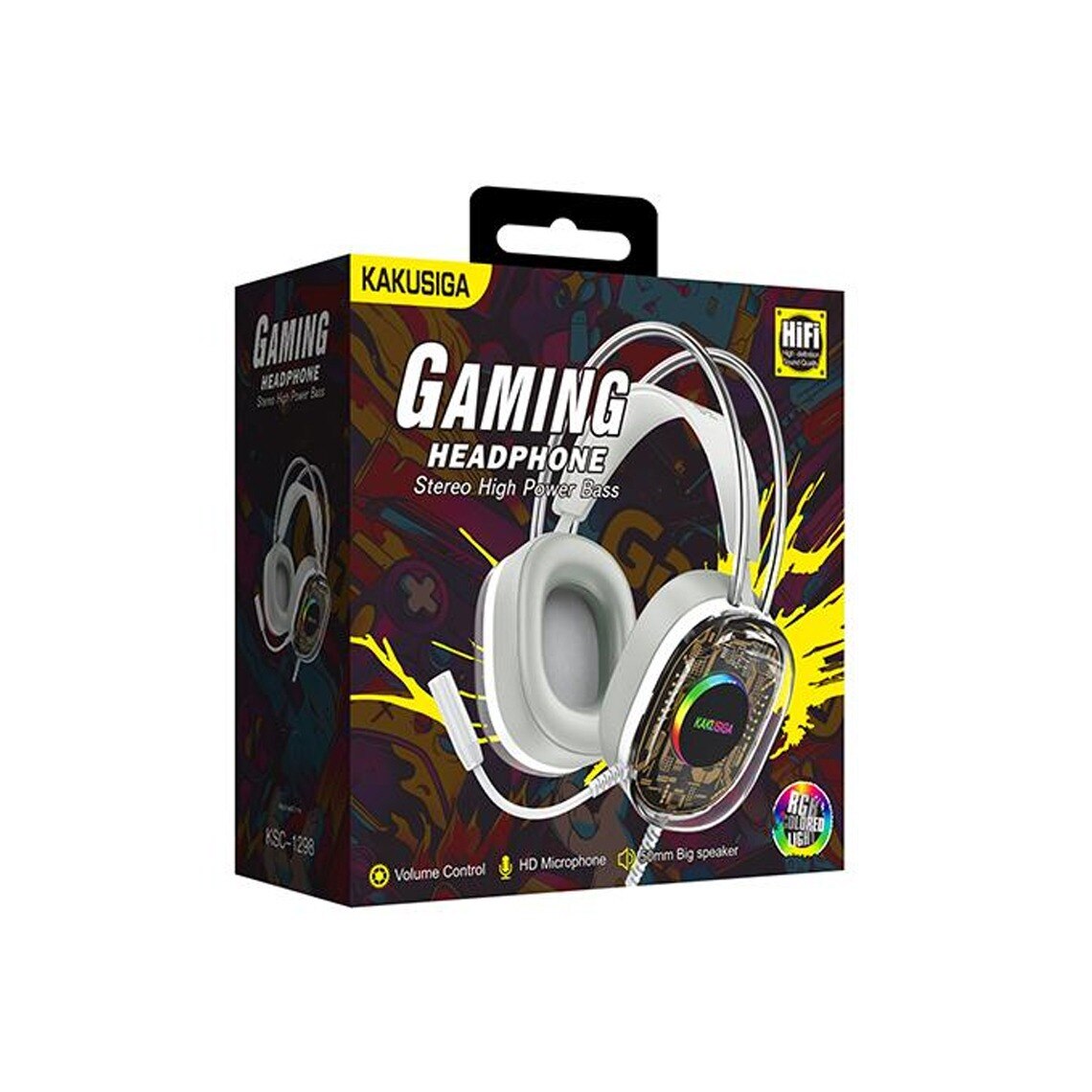 Casti gaming cu fir Kaku KSC-1298, Microfon incorporat, Sunet stereo, Design ergonomic, Led, Alb