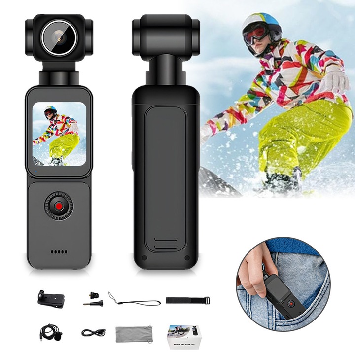 Camera Video Sport Excitat® 5K UHD, Obiectiv Rotativ 270° - WiFi, Ecran Tactil 1.69 Inch, EIS Stabilizare, Slow Motion, Timelapse, Unghi 150°, Baterie 1000mAh, Microfon Incorporat, 32GB Card, Negru, Compacta