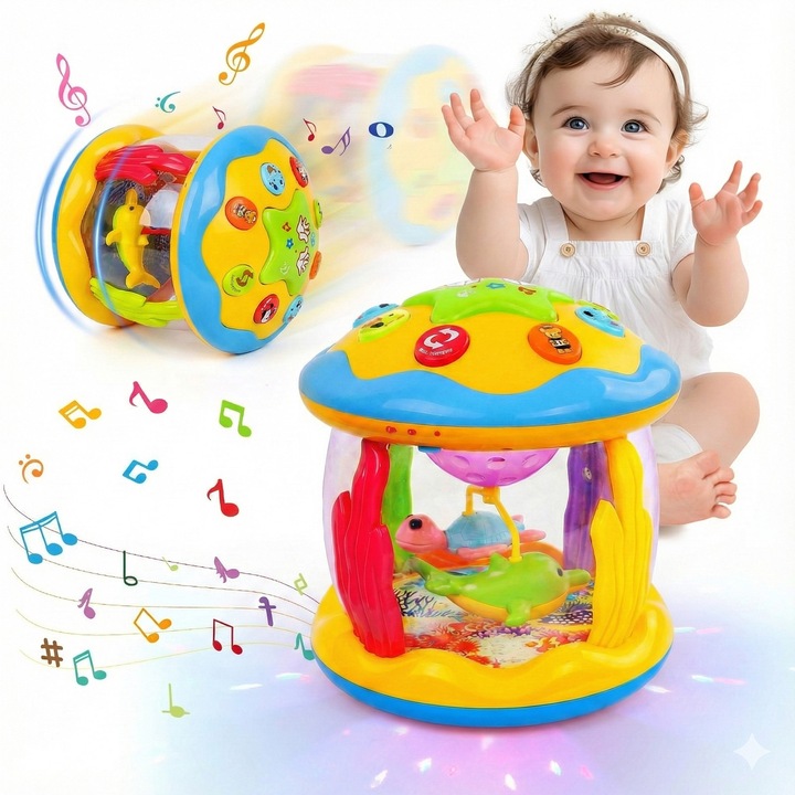 Jucărie interactivă pentru bebeluși Gzolxkwin, muzicală și senzorială, galben-albastru, 6-12 luni, 13 sunete, 8 moduri de lumină