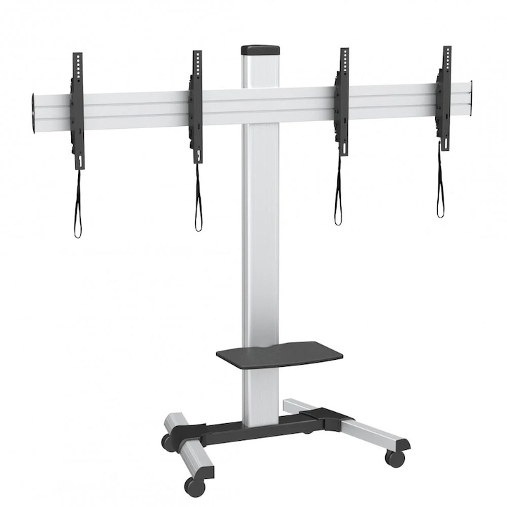 Stand TV mobil pe roti, Video Wall, aluminiu, reglabil, suporta 2 televizoare, 25-55 inch(64cm-140cm), baza solida, capacitate sustinere 80KG, Argintiu, Techly, ICA-TR2VWH