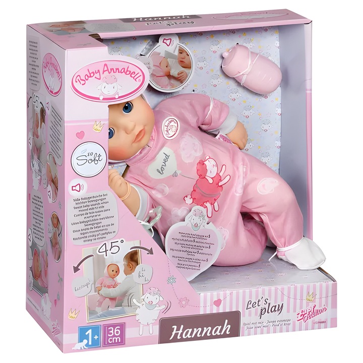 Papusa interactiva Baby Annabell Hannah 36 cm, 5 functii, roz, set cu biberon si suzeta