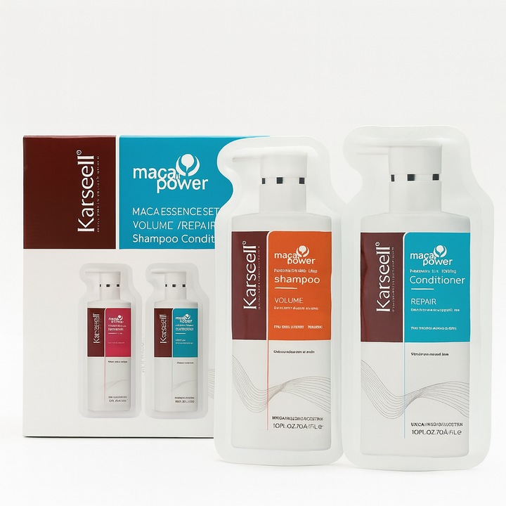 Set Profesional CEZI Karseell Maca - Sampon si Balsam pentru Par Degradat, 12 plicuri fiecare, hidratare si ingrosare, 24 plicuri