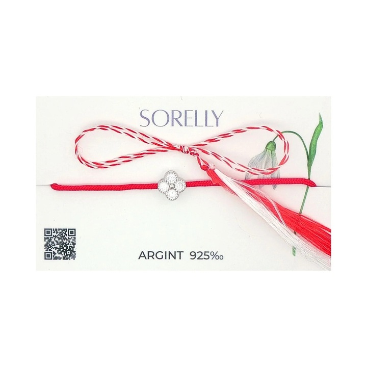 Bratara argint, SORELLY, floare cu pietre albe, snur rosu, 15.5x2.5cm
