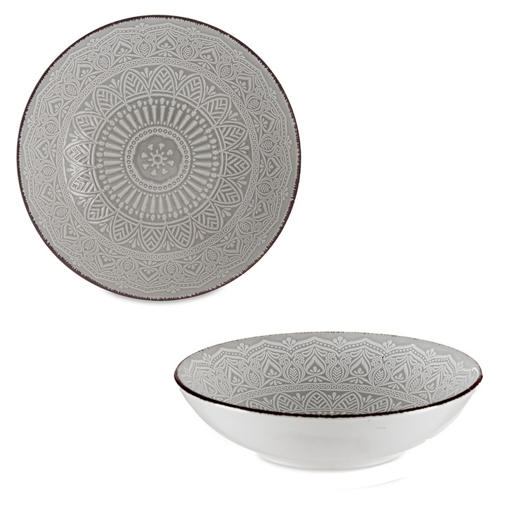 Mélytányér, VESSIA, MANDALA, Elegáns Virágmintás, Tartós Kőagyag Kerámia Anyag, Ideális Levesekhez, Tésztához Vagy Salátákhoz, Modern Dizájnú Ünnepi Asztalra, Mikrohullámú sütőben és Mosogatógépben Mosható, Praktikus, 20 cm, Szürke