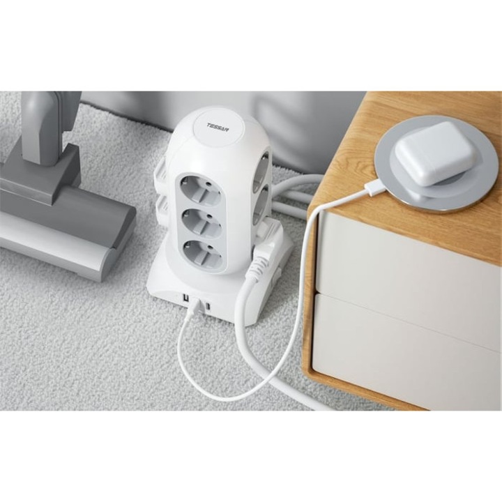 Prelungitor tip Turn Tessan TPS02-DE-C, 12 prize, 2 x USB-A, 1 x USB-C, 3 A, 2 m lungime cablu, protectie la suprasarcina