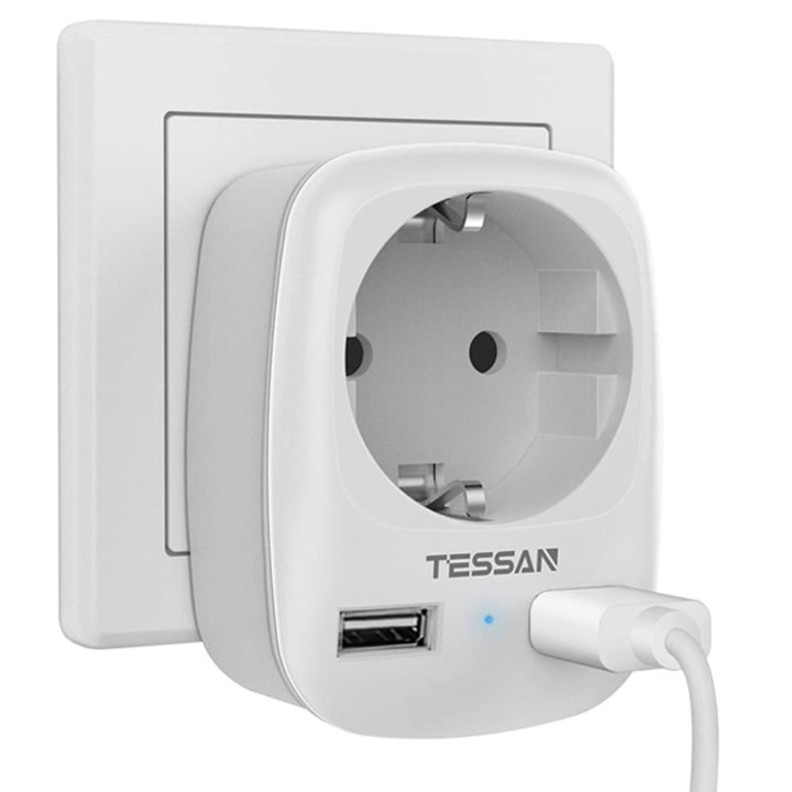 Adaptor Tessan TS-611-DE, 1 priza, 2 x USB-A 4 A, 13 A, 100-250 V