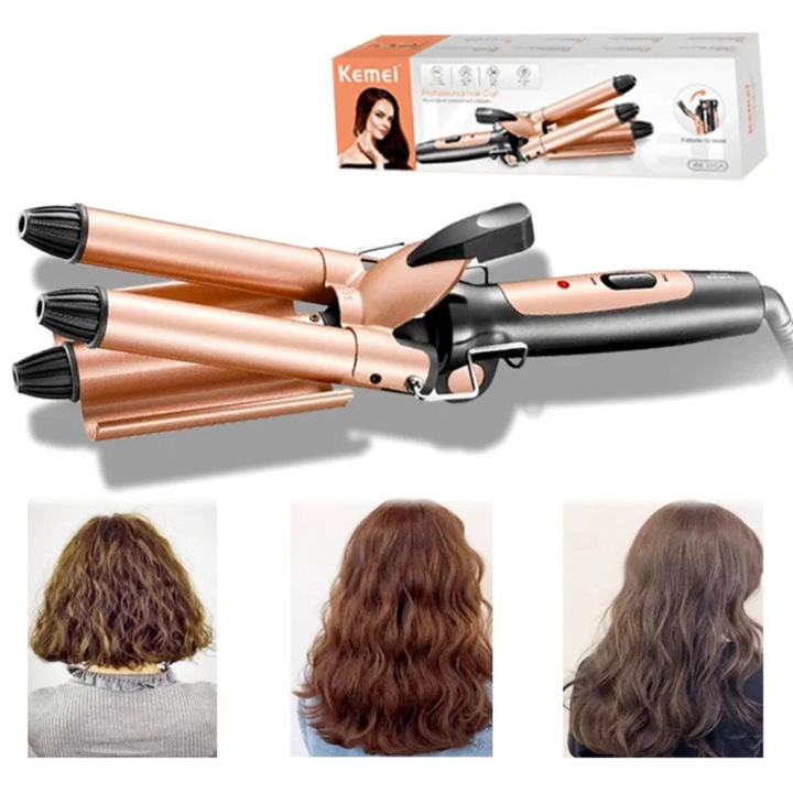 Ondulator Triplu de Par cu Invelis Ceramic, Ioni Negativi, Reglaj Automat, Design Modern