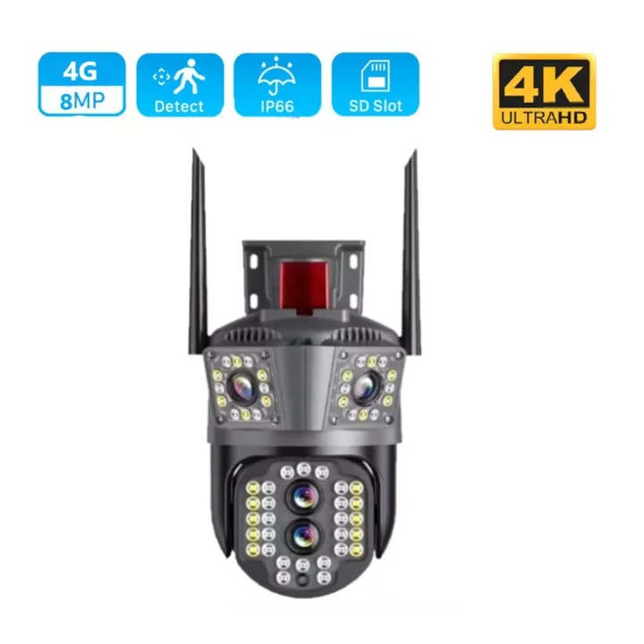 Camera de Supraveghere Tripla 4K Wi-Fi, Zoom 10x, PTZ, Detectare Umana, Auto Tracking, IP66