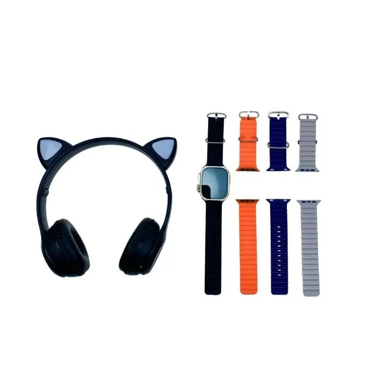 Set 4 in 1, Ceas Inteligent cu Casti Audio D58 L900 Plus Ultra 2, Functii Multiple, Design Modern, Negru