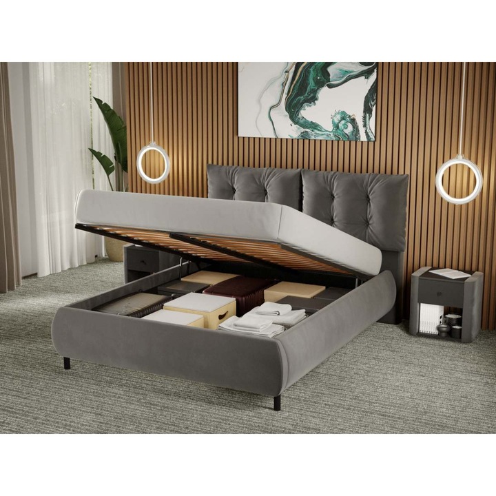 Pat Tapitat Anubis, Rabatabil cu Perne pe Spatar, 160x200, Gri/Velluto 16