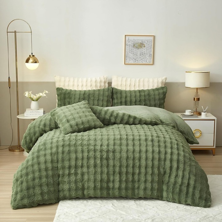 Set lenjerie de pat Luofanfei 240x260 cm, flanel fleece, catifea moale, verde salvie, 3 piese