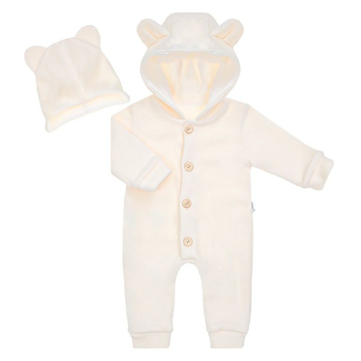 Set 2 piese pentru sugari, Nicol, combinezon si caciula, crem, 68 cm