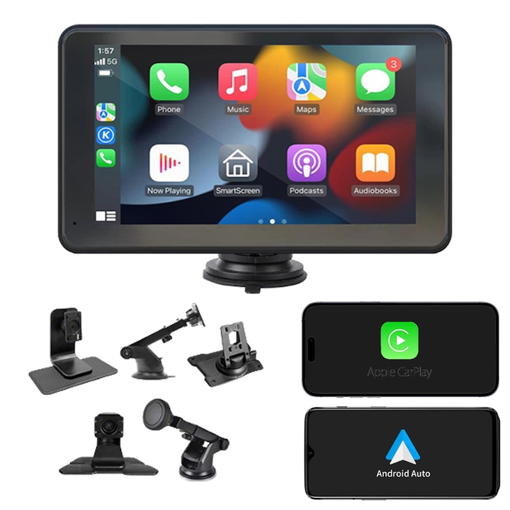 Navigatie Auto Universala IDAMAKON Camera Marsarier Inclusa Display TouchScreen 7 inch Compatibila cu Apple Carplay si Android Auto Wireless Multimedia Bluetooth Screen Mirroring Negru