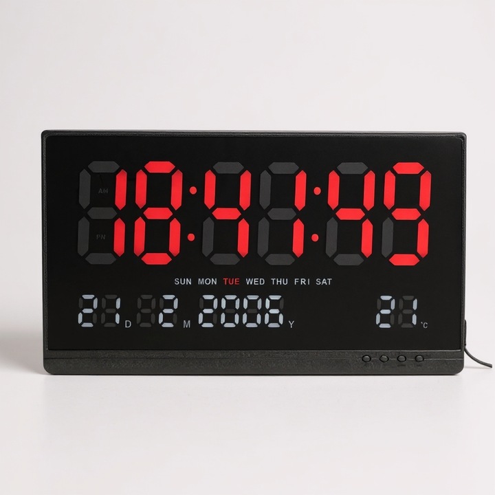 Ceas digital de perete cu afisaj LED rosu mare, calendar, temperatura ambientala, ora in format 12/24H, alarma, luminozitate automata pe timp de noapte, potrivit pentru locuinta, birou, sali de conferinta, fabrici sau institutii