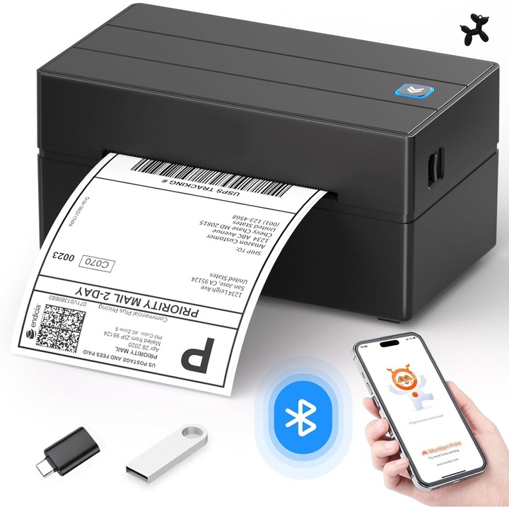 Imprimanta termica pentru etichete si AWB-uri, Portabila, Calitate 203 DPI, Viteza printare 15cm/s, Latime Maxima Printare 104mm, Fara Cerneala/Toner + breloc