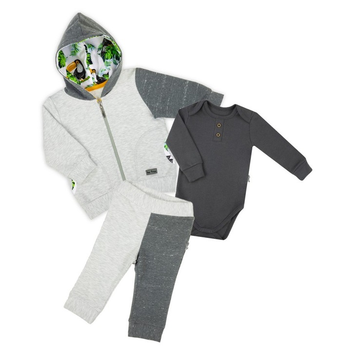 Set 3 x Piese imbracaminte bebe băieți, Nicol, pulover cu glugă, body, pantaloni gri, 56 CM