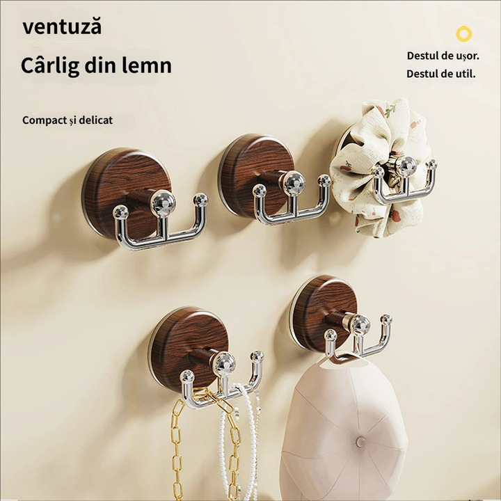 Set 4 Carlige cu Ventuze pentru Organizare, fara Gaurire, Design Lemn, Plastic Rezistent la Apa, Aderenta Puternica, Utilizare in Toata Casa