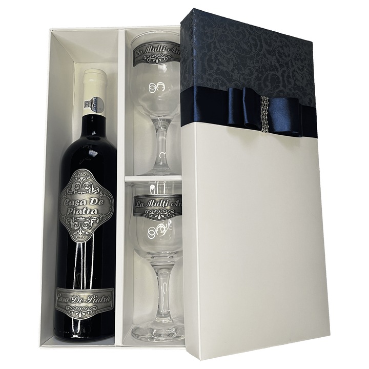 Cutie cadou pentru sticla de bautura si set de 2 pahare, Nicas- albastru inchis