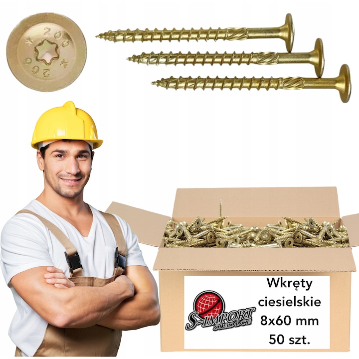 Suruburi ciesielskie TORX 8x60mm, set 50 bucati, S-IMPORT, otel zincat, cap TORX 40