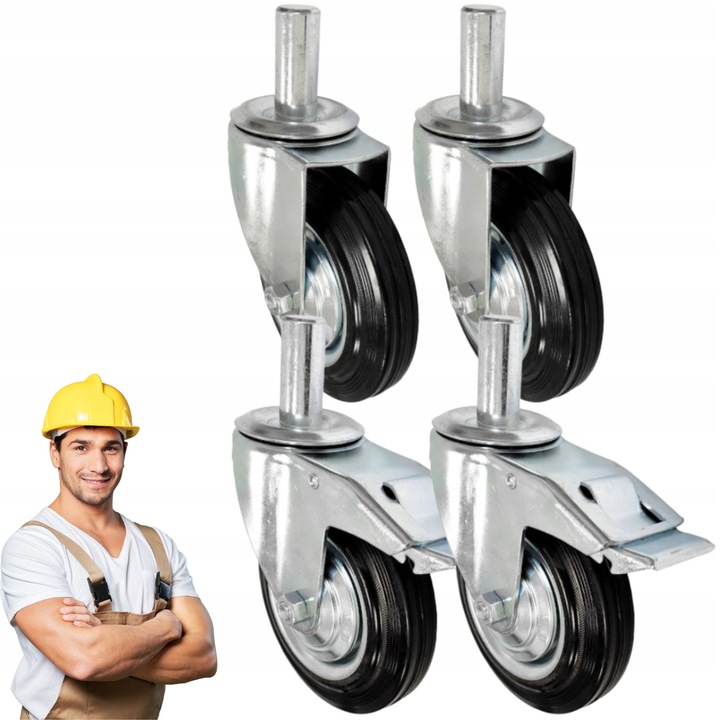 Set roti metal-guma 200mm, 4 buc, cu 2 roti cu frana, pentru schele, S-IMPORT