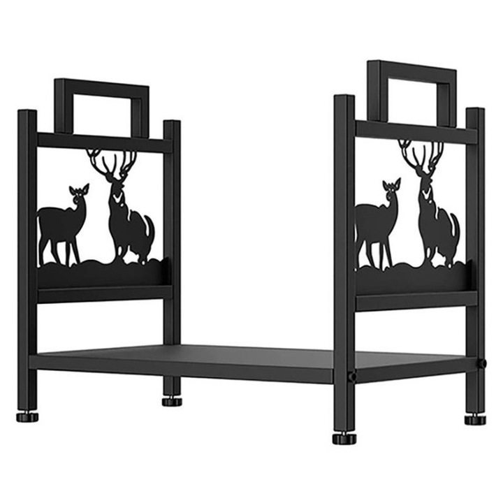 Suport pe lemne pentru semineu, S-IMPORT, design decorativ cu motive de cerb, 47x30,5x43cm, metal vopsit, stabil si rezistent