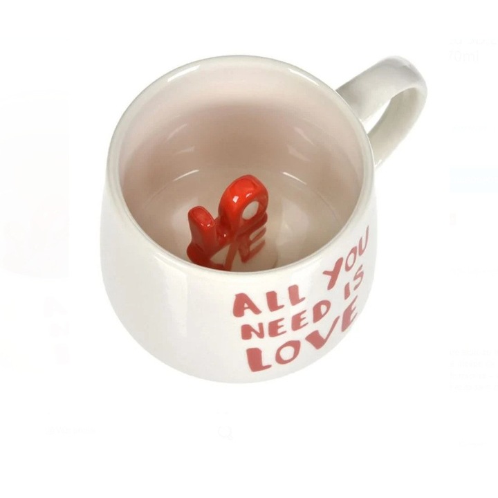 Cana ceramica "All You Need is Love", interior 3D "Love", alba, 370ml, 10x8cm