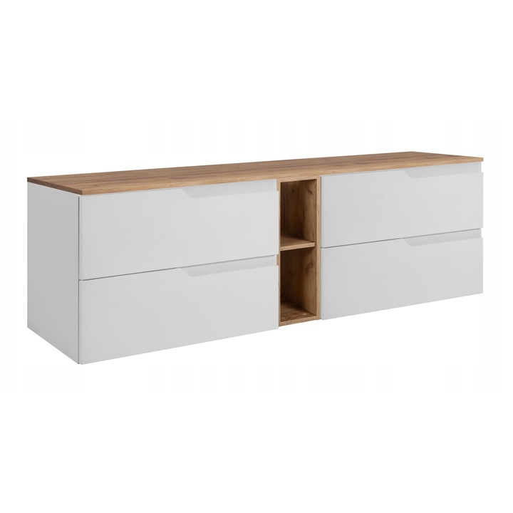 Dulap De Baie, Rodan, Modern, 140x57x46 cm, Material MDF, Placa Laminata 16 mm, Spate - HDF - 3 mm, Margini ABS - 0.5 mm, Sistem De Inchidere, Inchidere Silentioasa Soft Close, Rezistent La Umiditate Si Zgarieturi, Finisaj Mat, Alb/Stejar Craft