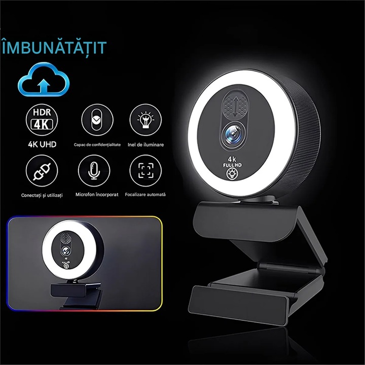 VeniSymlis® 4K, camera web ultra HD, cu focalizare automata, iluminare tactila tricolor, microfon cu reducere a zgomotului integrat, rotire de 360°, conectabil la computer/laptop, rezolutie 3840×2160, 30fps, corectie automata a culorilor, negru