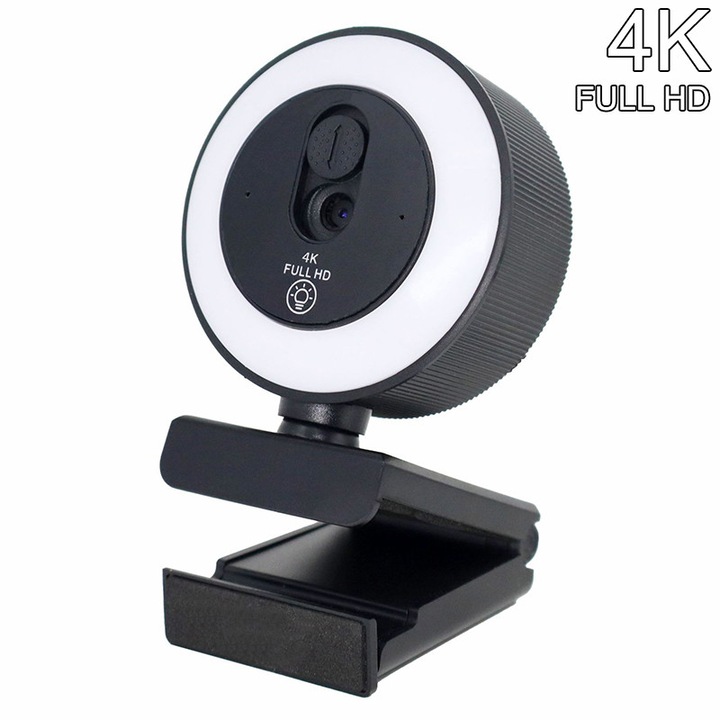 VeniSymlis® 4K, camera web ultra HD, cu focalizare automata, iluminare tactila tricolor, microfon cu reducere a zgomotului integrat, rotire de 360°, conectabil la computer/laptop, rezolutie 3840×2160, 30fps, corectie automata a culorilor, negru
