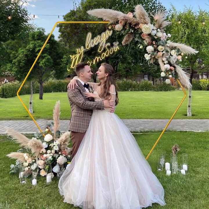 Arcada hexagonala pentru nunta, arc auriu pentru baloane de 2 m, suport hexagonal unic pentru baloane, suport metalic pentru fundal, zi de nastere, nunta, petrecere pentru copii, decorare