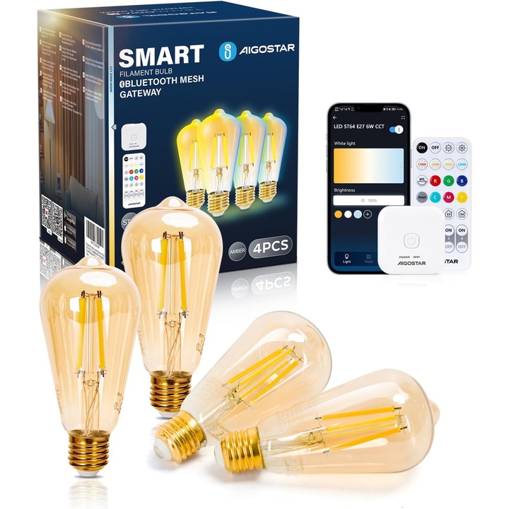 Bec inteligent Bluetooth Aigostar E27 cu filament, 6W, cu intensitate reglabila, culoare 2700K-6500K, compatibil cu Alexa, Google Home cu gateway (Wi-Fi 2.4GHz), pachet de 4
