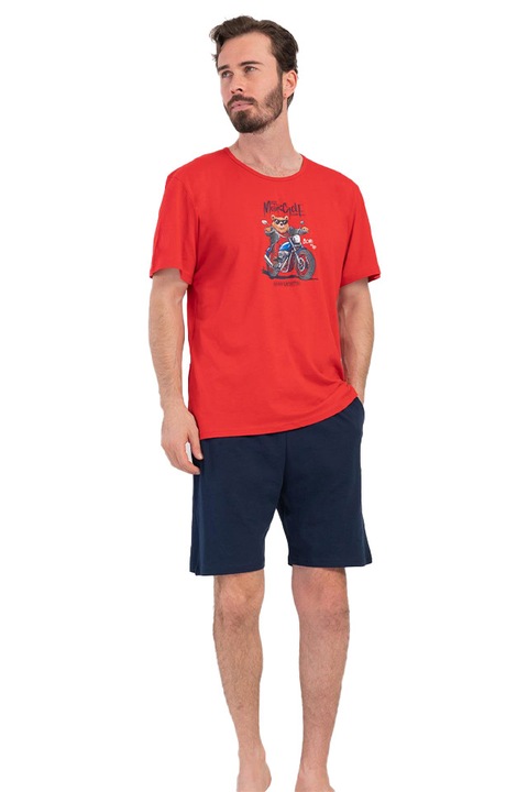 Pijamale barbati Vienetta Man, model Moto Cat, Rosu/Bleumarin